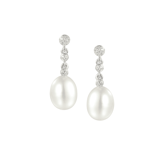 Silver, freshwater pearl and cubic zirconia drop earrings