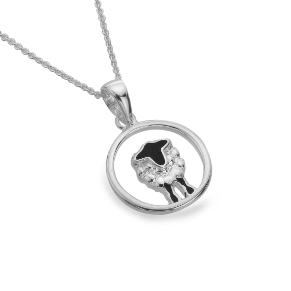 Silver and Black Enamel highland sheep with circle surround necklace