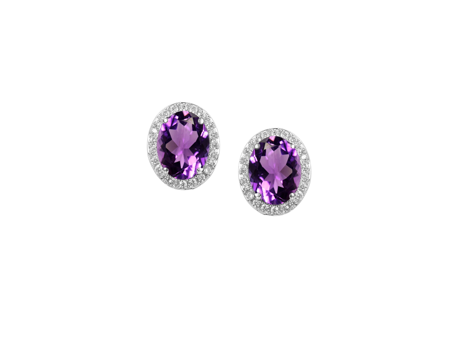 Silver, Amethyst and Cubic Zirconia oval cluster earrings