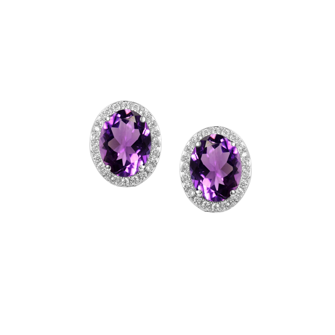 Silver, Amethyst and Cubic Zirconia oval cluster earrings