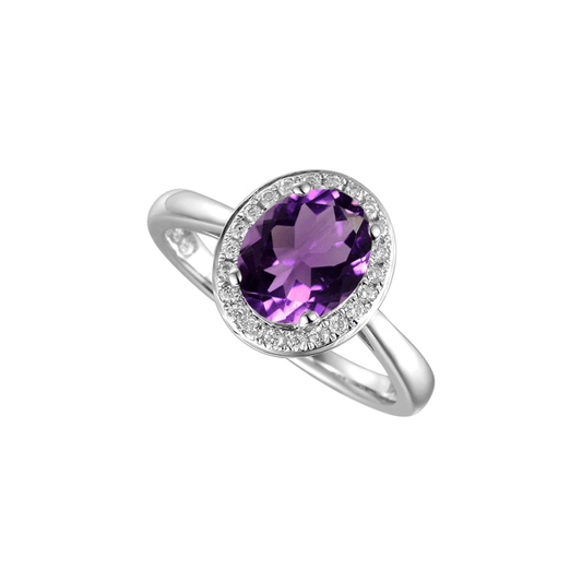 silver, amethyst and cubic zirconia halo ring