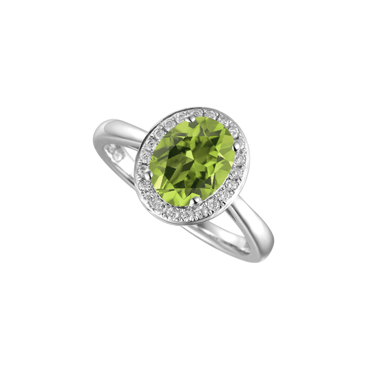 Silver, peridot and cubic zirconia halo ring