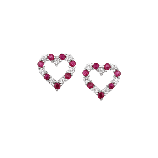 Silver , cubic zirconia and ruby heart shaped earrings