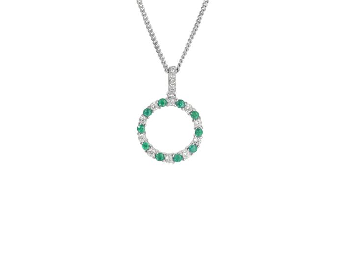 Silver, Emerald and Cubic Zirconia hoop pendant on a Silver chain