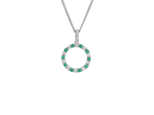 Silver, Emerald and Cubic Zirconia hoop pendant on a Silver chain