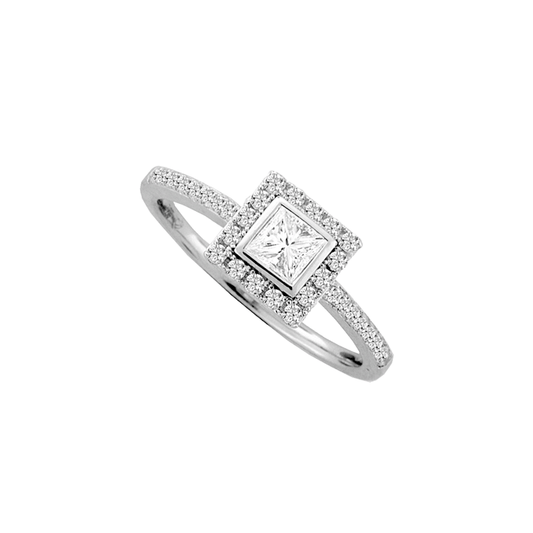 Silver and cubic zirconia square halo ring