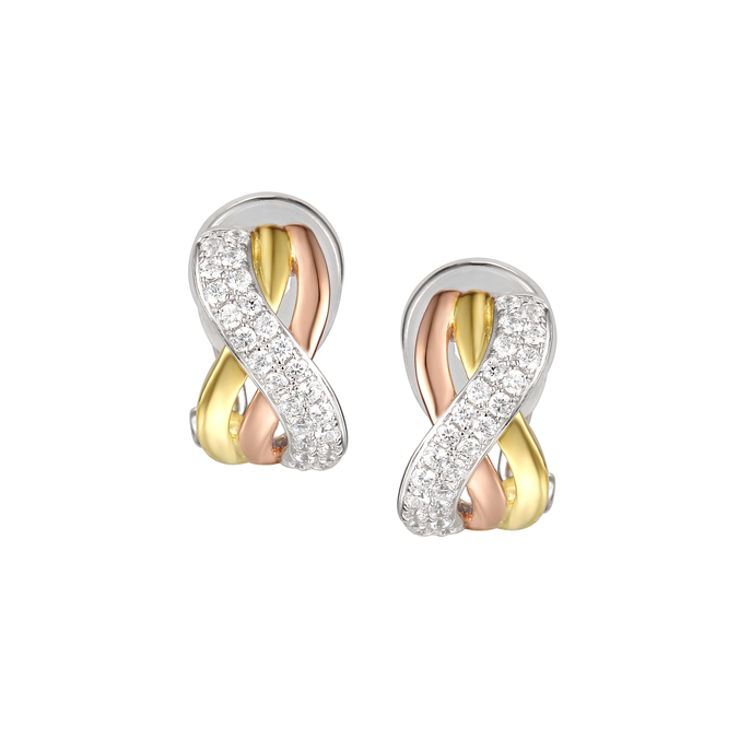 Silver and cubic zirconia clip on earrings with yellow and rose gold detail