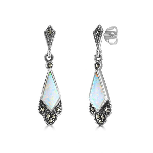 Silver, kite shaped Opalique and Marcasite long drop earrings