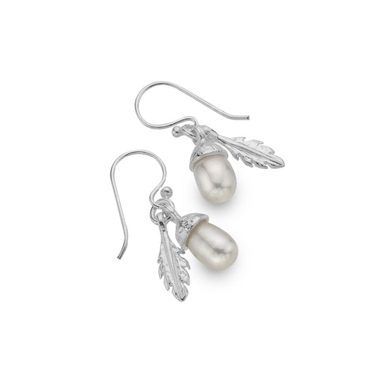 Silver acorn and oak leaf freshwater pearl drop earrings