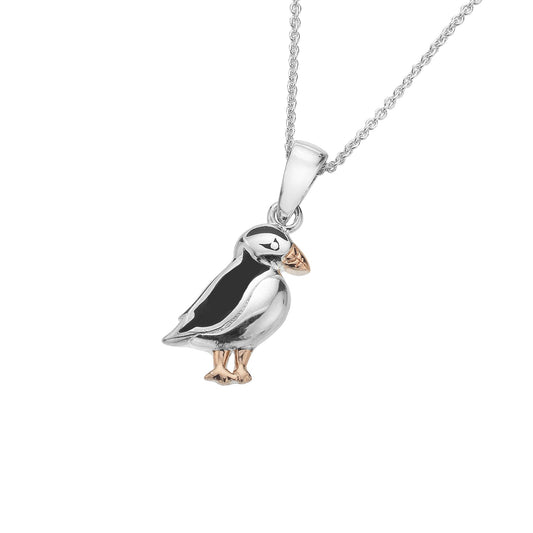Silver and eneamel puffin necklace with Rose Gold detail