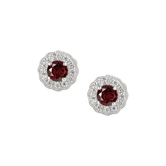 Silver and Garnet circular stud earrings with Cubic Zirconia halo