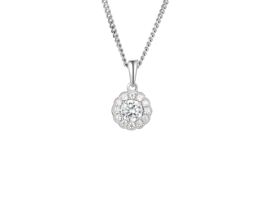 Silver and Cubic Zirconia round cluster pendant on a silver chain