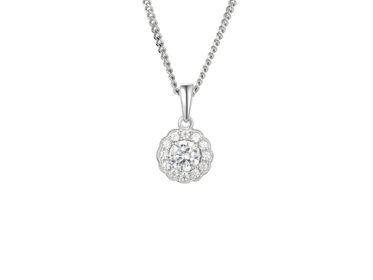 Silver and Cubic Zirconia round cluster pendant on a silver chain