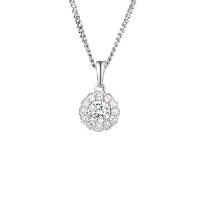 Silver and Cubic Zirconia round cluster pendant on a silver chain