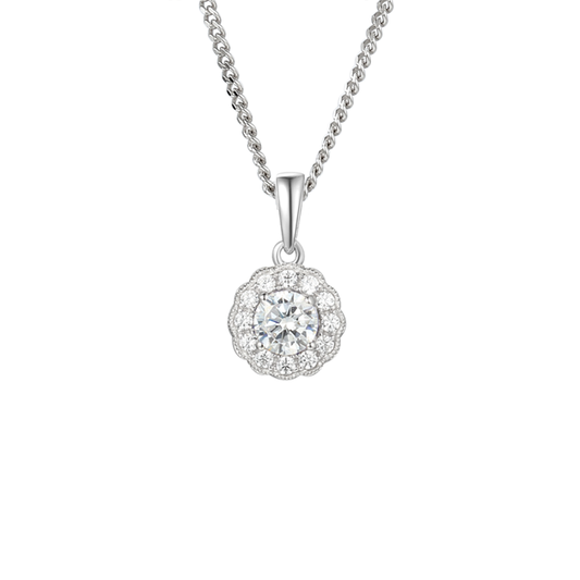 Silver and Cubic Zirconia round cluster pendant on a silver chain