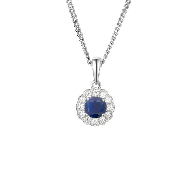Silver, Sapphire and Cubic Zirconia circular design pendant
