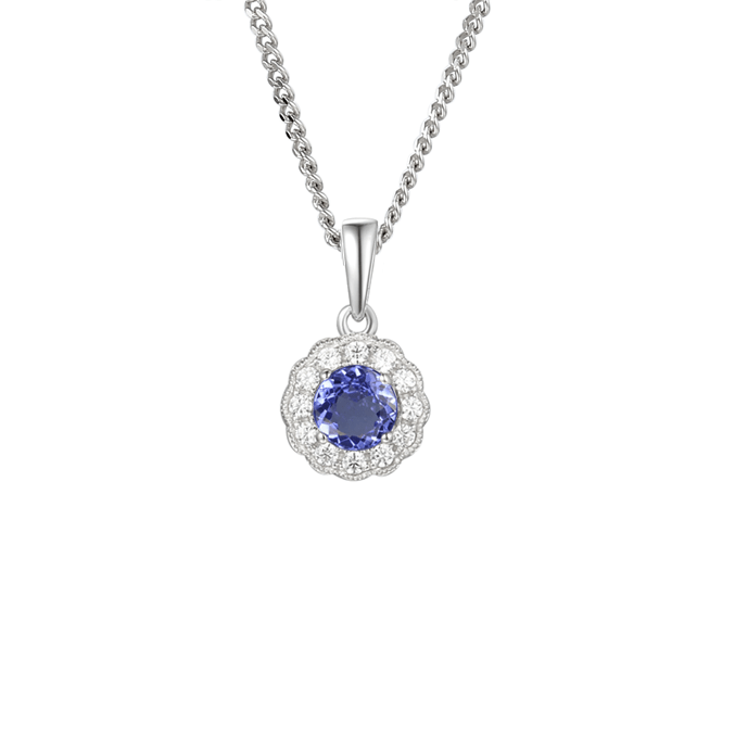 silver, Tanzanite and cubic zirconia round cluster pendant