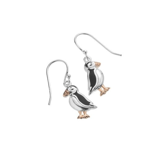 Silver and black enamel puffin drops with Rose gold detail