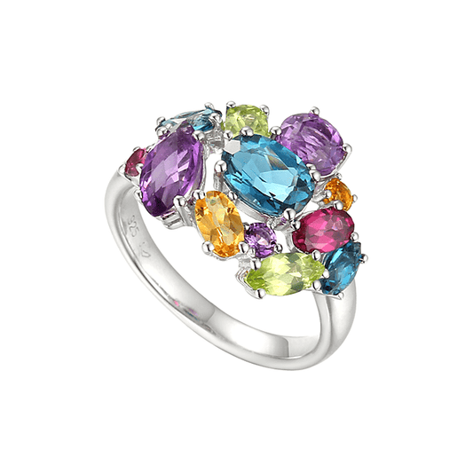 Silver, blue topaz, peridot, Garnet, citrine & amethyst ring