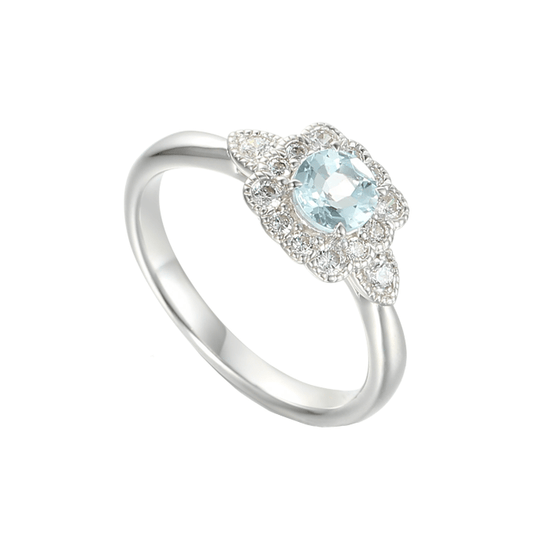 Silver, cubic zirconia and aquamarine ring