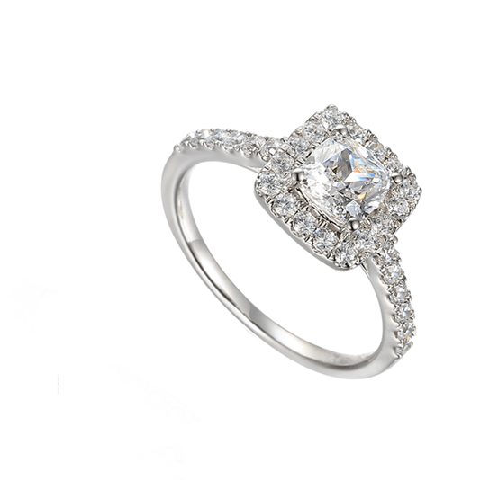 Silver and cubic zirconia cushion halo ring
