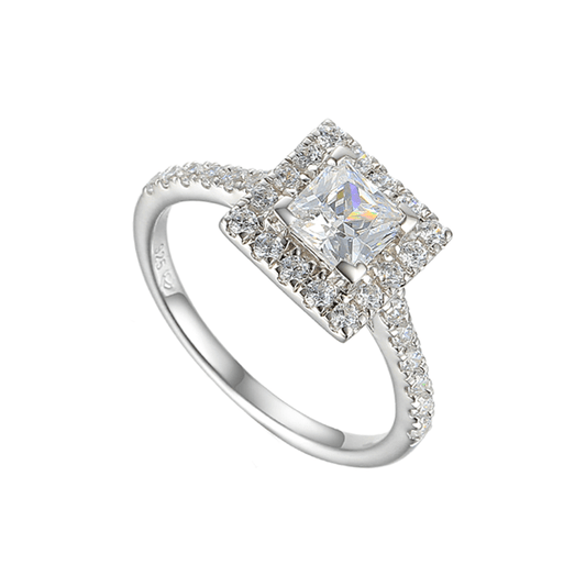 Silver and cubic zirconia square halo ring