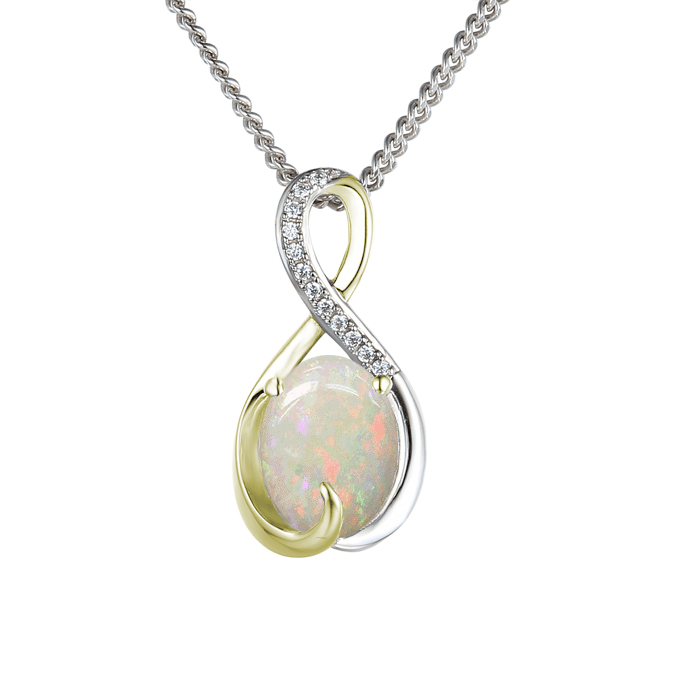 Silver, Opal and cubic zirconia pendant with yellow gold detail