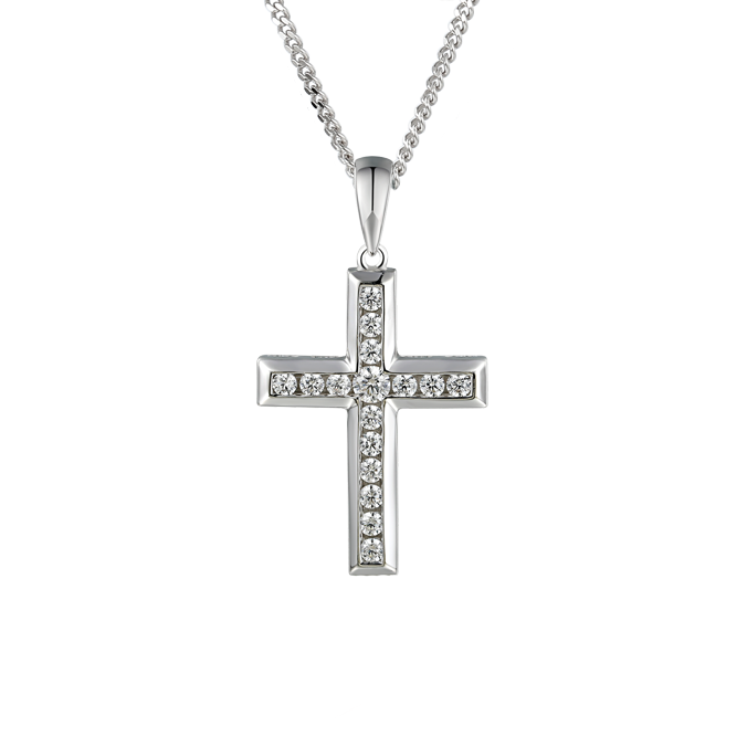 Silver and Cubic Zirconia channel set cross on a Silver chain