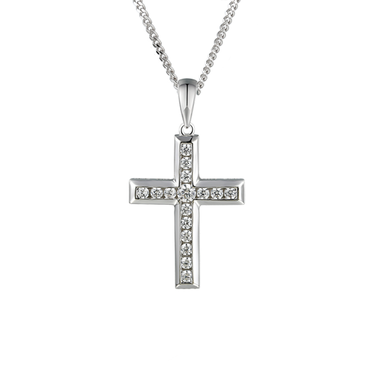 Silver and Cubic Zirconia channel set cross on a Silver chain