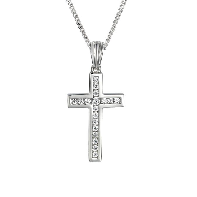 Silver and Cubic Zirconia channel set cross pendant on a silver chain