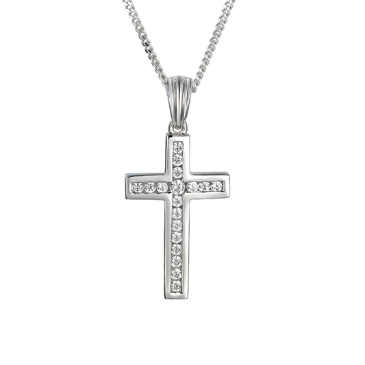 Silver and Cubic Zirconia channel set cross pendant on a silver chain
