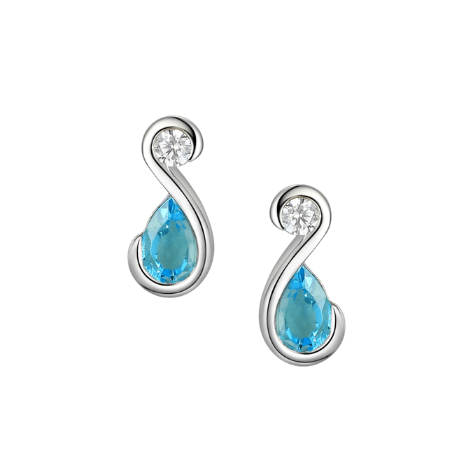 Sterling Silver, teardrop shaped Blue Topaz stud earrings with Cubic Zirconia