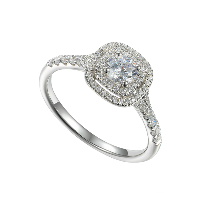 Silver and cushion shaped cubic zirconia cluster ring with stone set shoulders