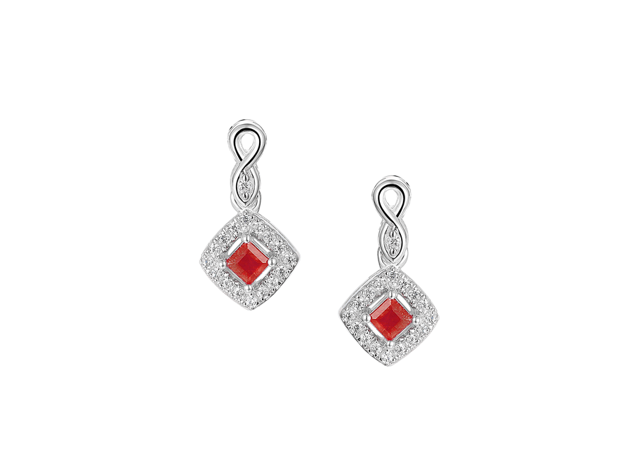 Silver, Ruby and Cubic Zirconia diamond shaped cluster drop stud earrings