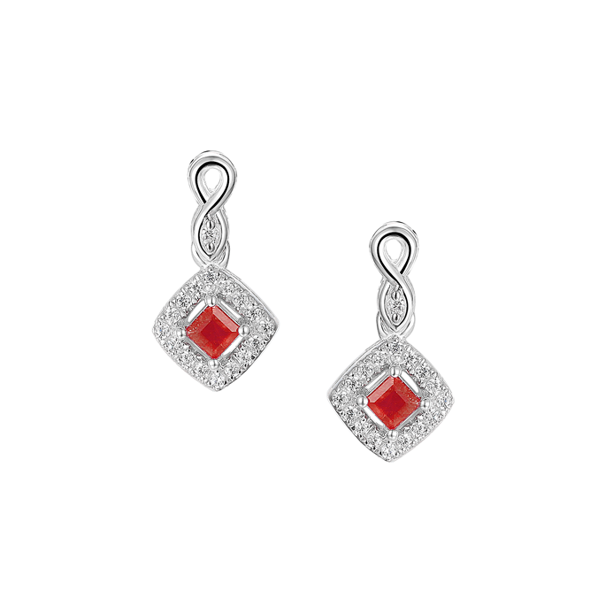 Silver, Ruby and Cubic Zirconia diamond shaped cluster drop stud earrings