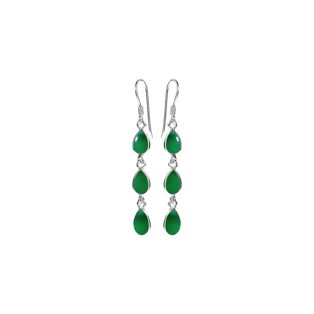 Silver and Green Agate triple drop earrings.