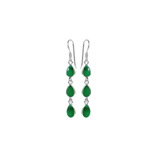 Silver and Green Agate triple drop earrings.
