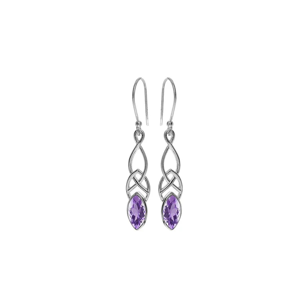 Silver and Amethyst celtic design drop earrings.