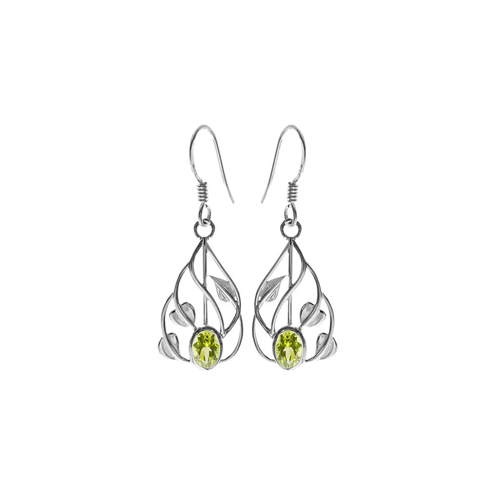 Silver and Peridot Drop Earrings with Vine Detail.