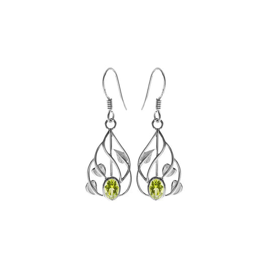 Silver and Peridot Drop Earrings with Vine Detail.