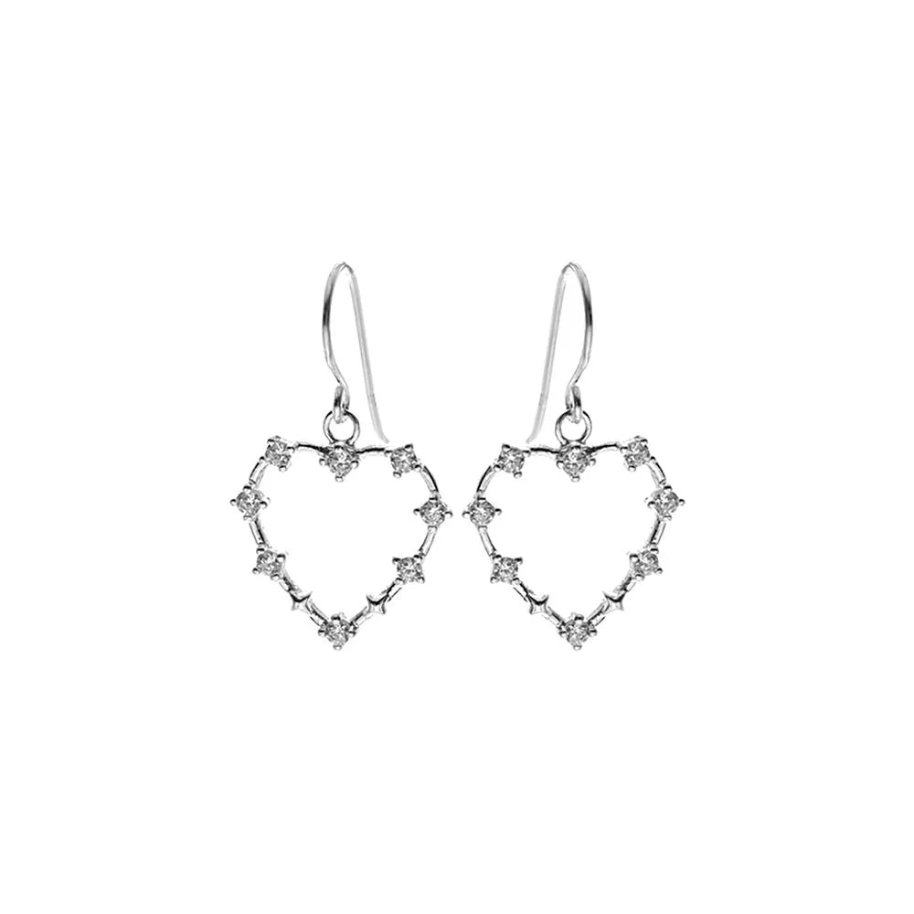 Silver heart shape drop earrings with Cubic Zirconia.