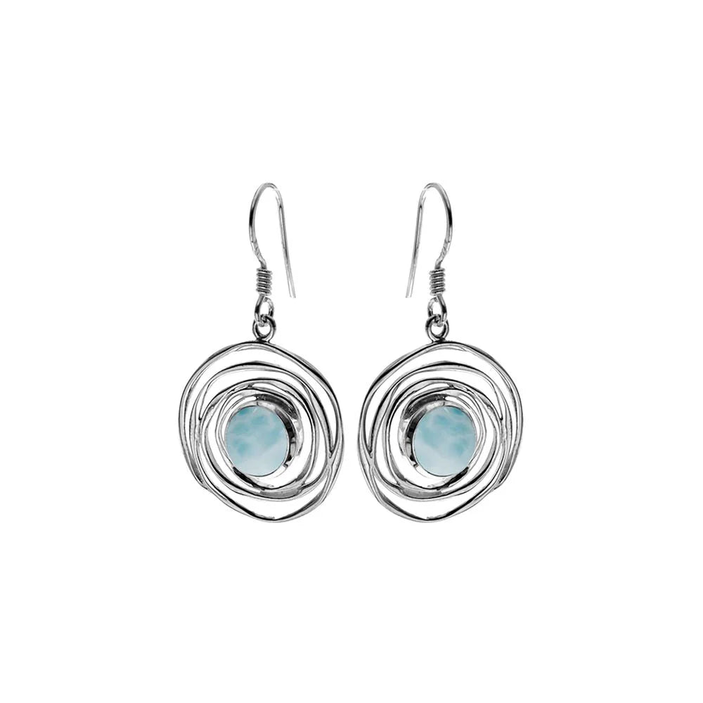 Silver large twisted round drop earrings with Larimar centre stone.