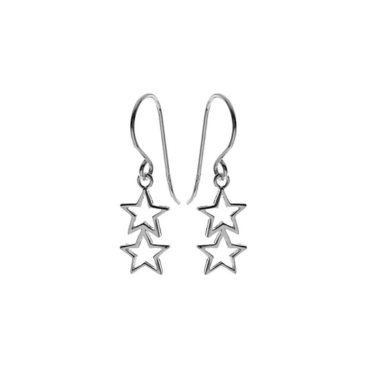 Silver double star outline drop earrings.