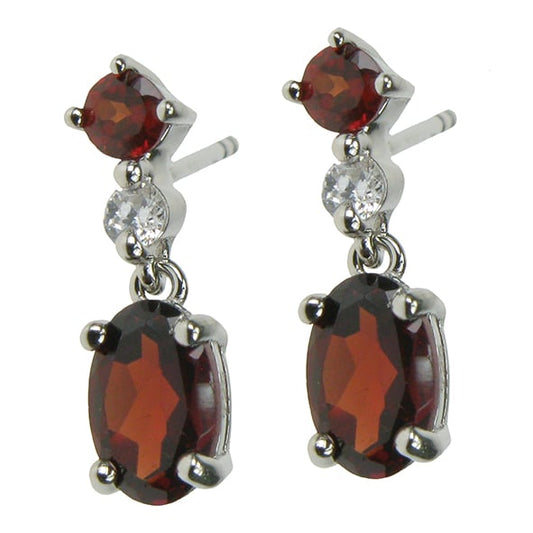 silver and garnet two stone drop earrings with cubic zirconia