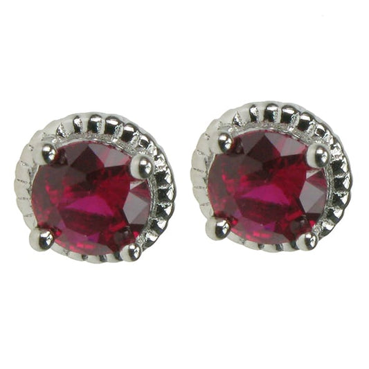 Silver and Created Ruby round 4 claw stud earrings