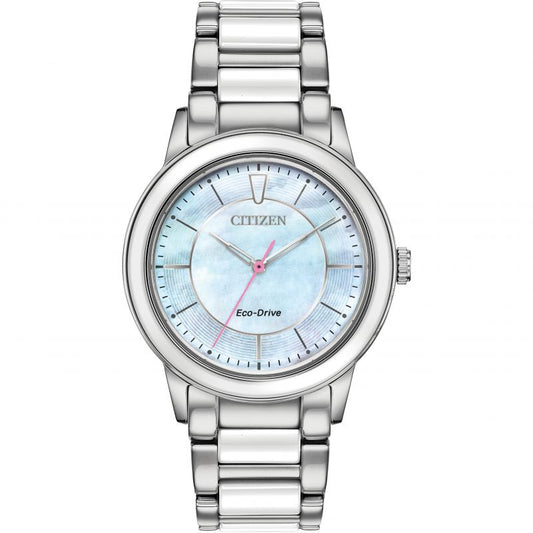 Ladies Citizen Eco-drive Ceramic and Steel watch.