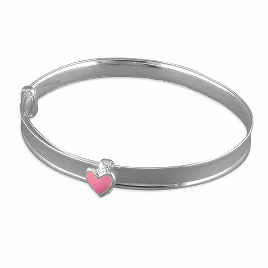 Silver with pink enamel heart solid expanding bangle