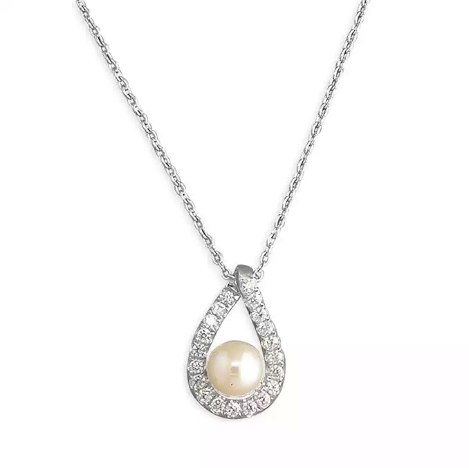 Silver, cubic zirconia and freshwater pearl open teardrop pendant