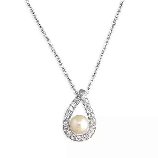 Silver, cubic zirconia and freshwater pearl open teardrop pendant