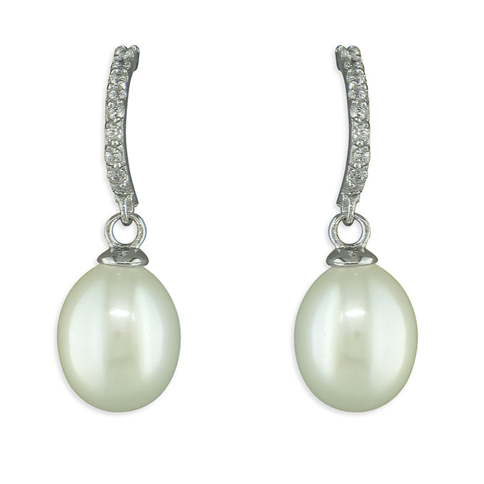 Silver and Cubic zirconia hoop with freshwater pearl drop earrings